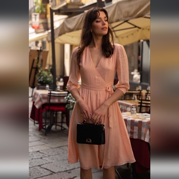 NWT Gaâla Paris Annabelle Silk Chiffon Wrap Midi Dress Ivory Gold Small/Medium - Picture 2 of 11